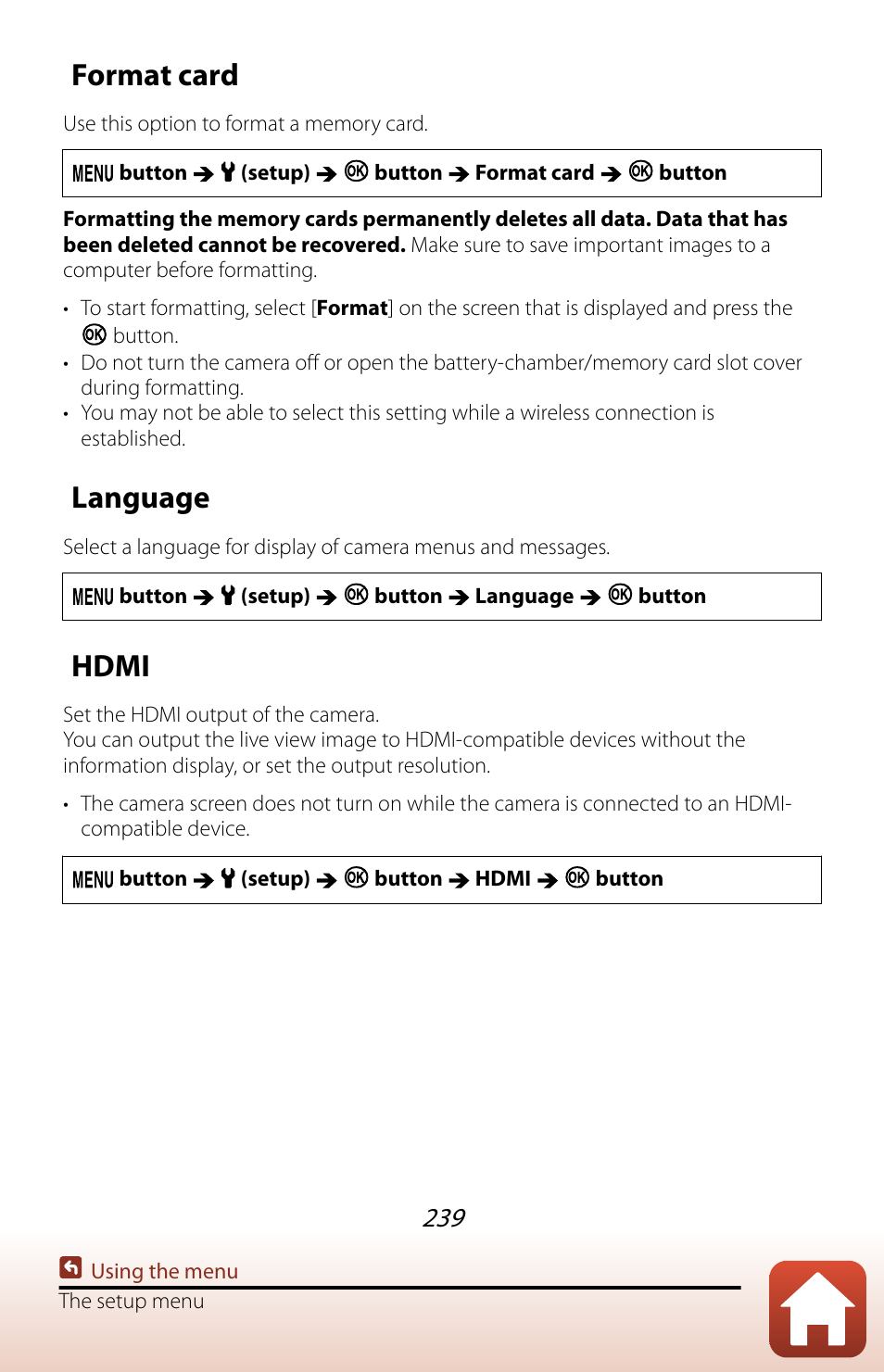 Format card, Language, Hdmi | Nikon COOLPIX P950 Digital Camera User Manual | Page 239 / 306