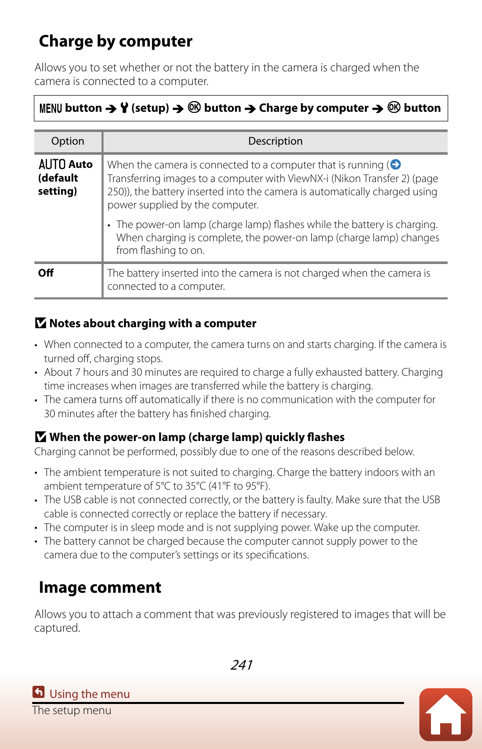 Charge by computer, Image comment | Nikon COOLPIX P950 Digital Camera User Manual | Page 241 / 306