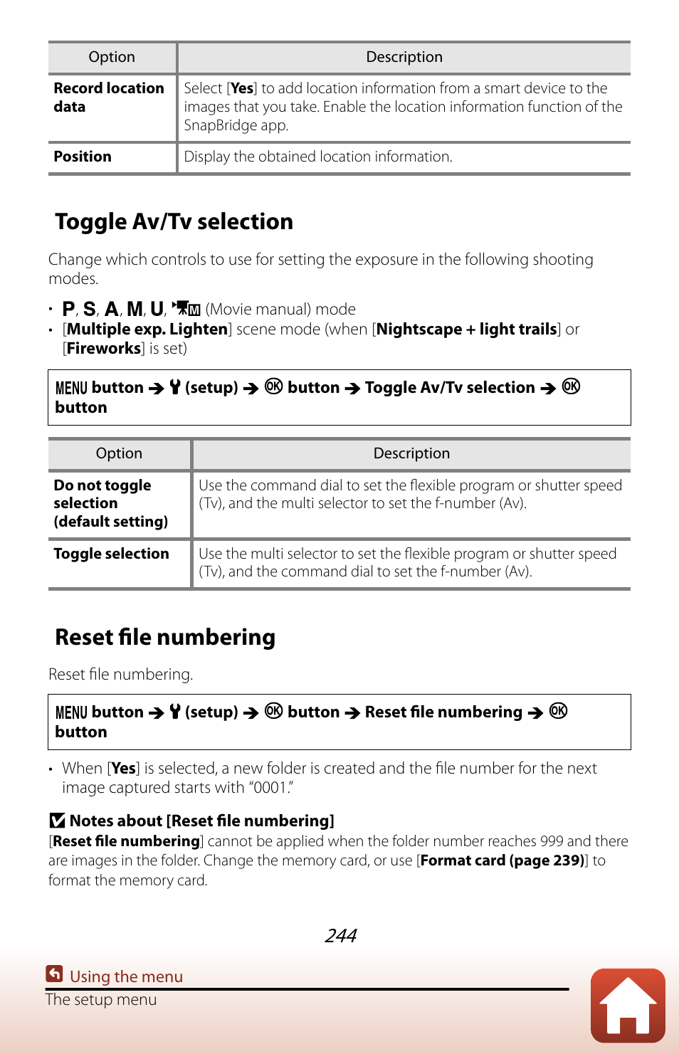 Toggle av/tv selection, Reset file numbering | Nikon COOLPIX P950 Digital Camera User Manual | Page 244 / 306