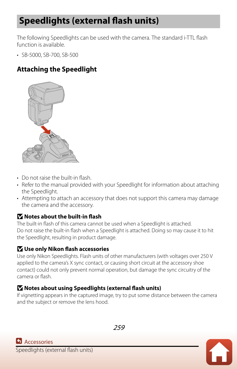 Speedlights (external flash units), Attaching the speedlight | Nikon COOLPIX P950 Digital Camera User Manual | Page 259 / 306