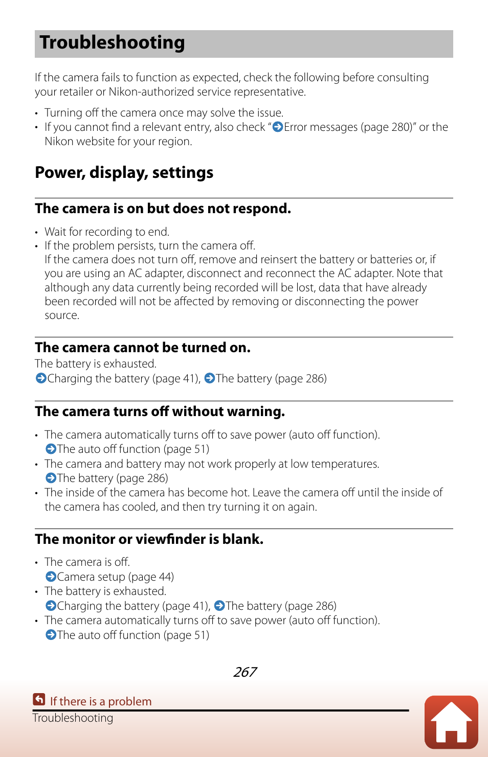 Troubleshooting, Power, display, settings, The camera is on but does not respond | The camera cannot be turned on, The camera turns off without warning, The monitor or viewfinder is blank | Nikon COOLPIX P950 Digital Camera User Manual | Page 267 / 306