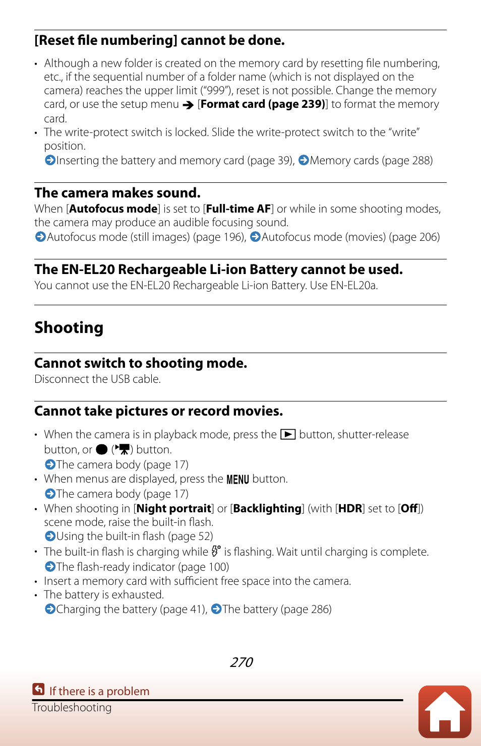 Shooting, Reset file numbering] cannot be done, The camera makes sound | Cannot switch to shooting mode, Cannot take pictures or record movies | Nikon COOLPIX P950 Digital Camera User Manual | Page 270 / 306