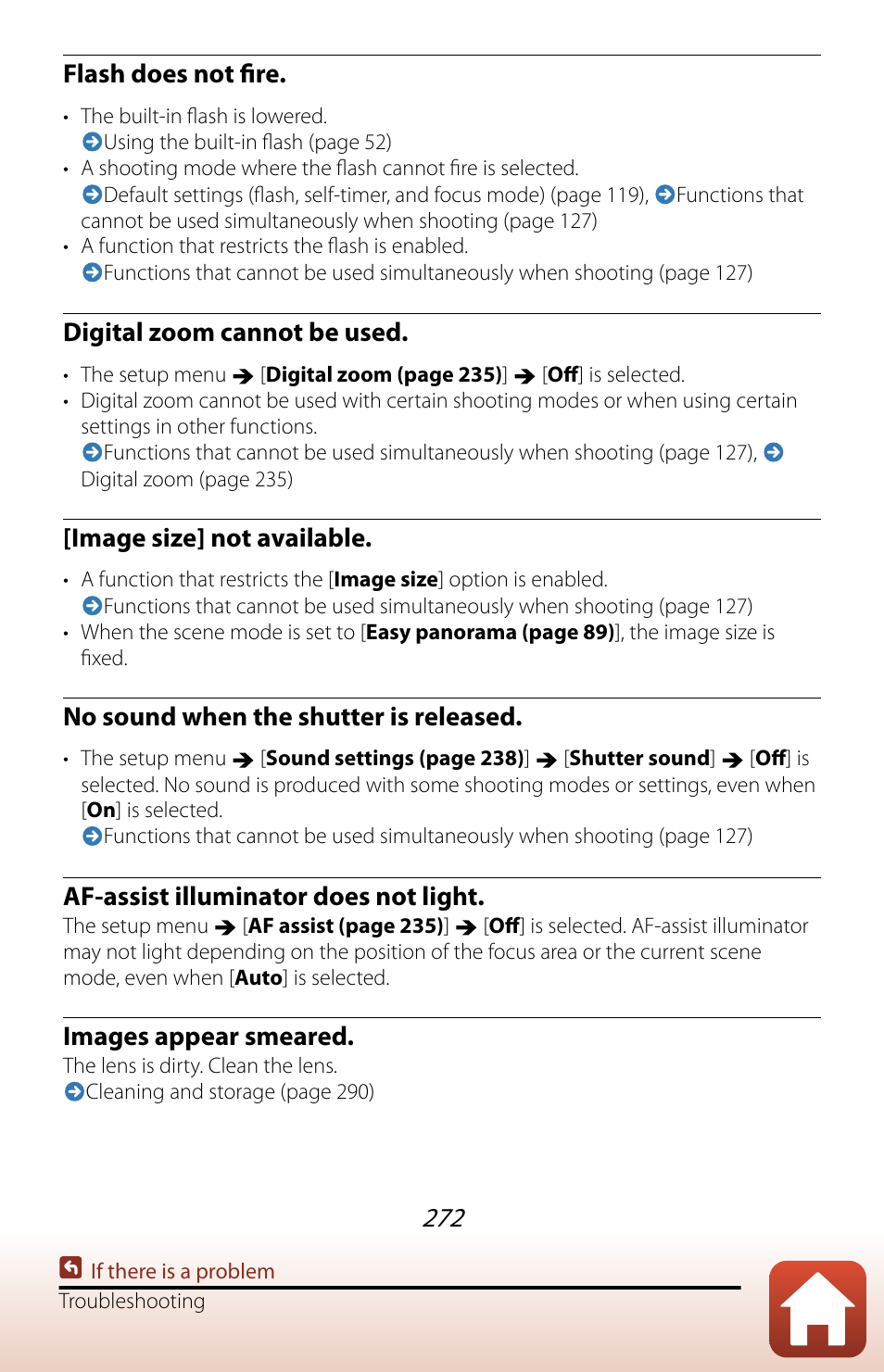 Flash does not fire, Digital zoom cannot be used, Image size] not available | No sound when the shutter is released, Af-assist illuminator does not light, Images appear smeared | Nikon COOLPIX P950 Digital Camera User Manual | Page 272 / 306