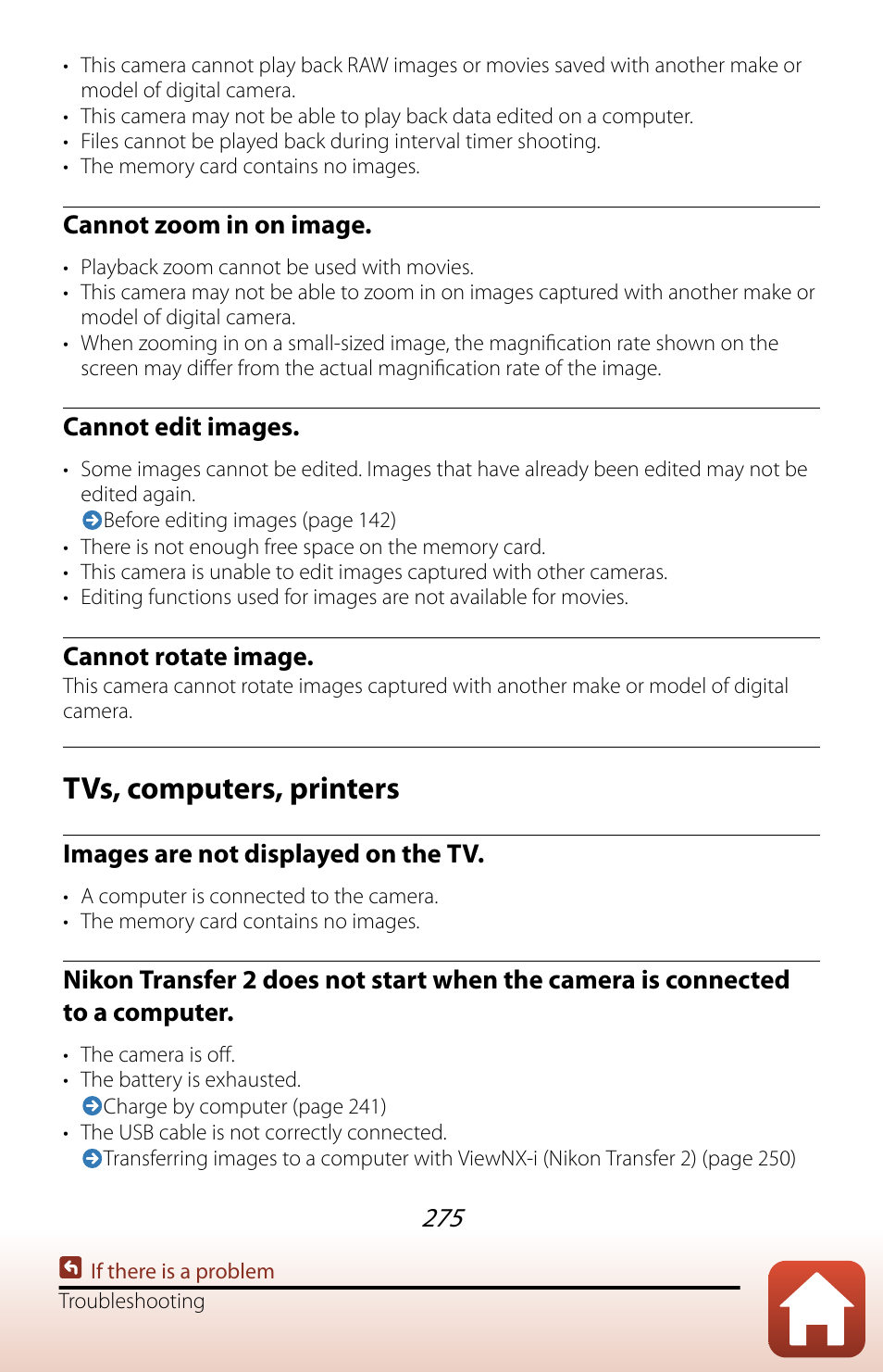 Tvs, computers, printers, Cannot zoom in on image, Cannot edit images | Cannot rotate image, Images are not displayed on the tv | Nikon COOLPIX P950 Digital Camera User Manual | Page 275 / 306