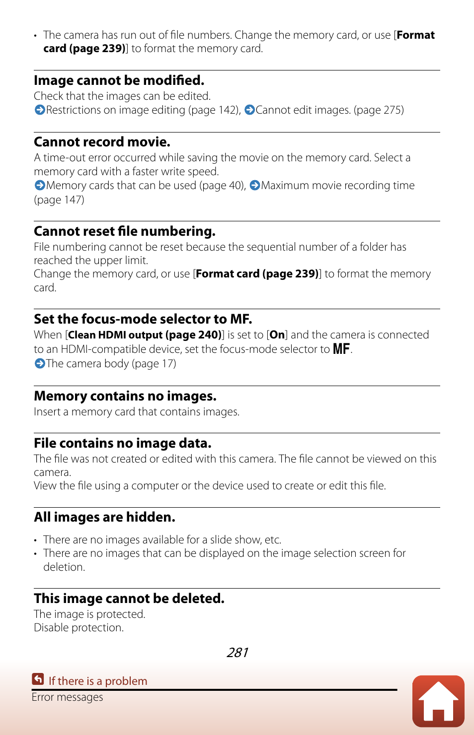 Image cannot be modified, Cannot record movie, Cannot reset file numbering | Set the focus-mode selector to mf, File contains no image data, All images are hidden, This image cannot be deleted | Nikon COOLPIX P950 Digital Camera User Manual | Page 281 / 306