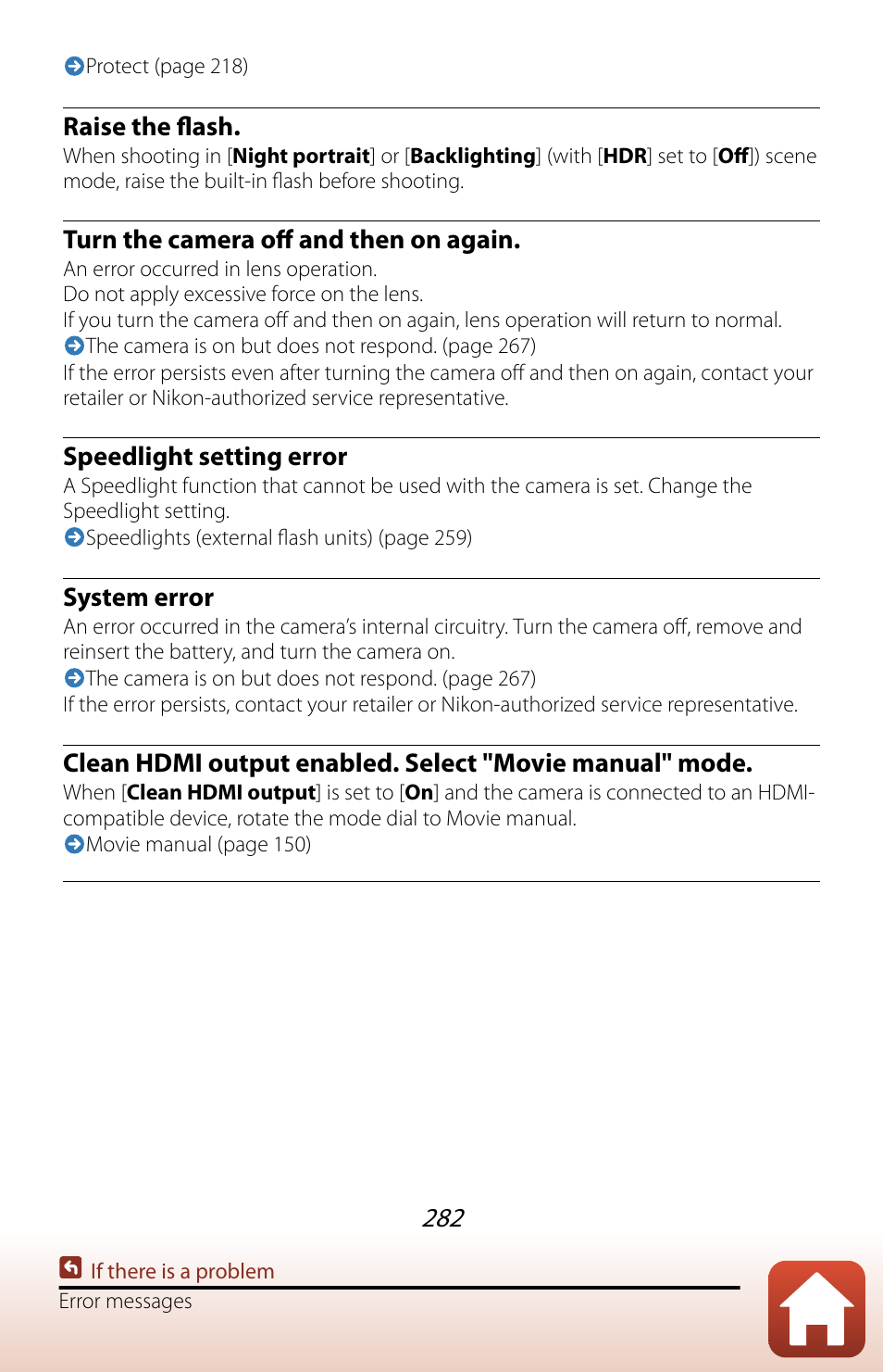Raise the flash, Turn the camera off and then on again, Speedlight setting error | System error | Nikon COOLPIX P950 Digital Camera User Manual | Page 282 / 306