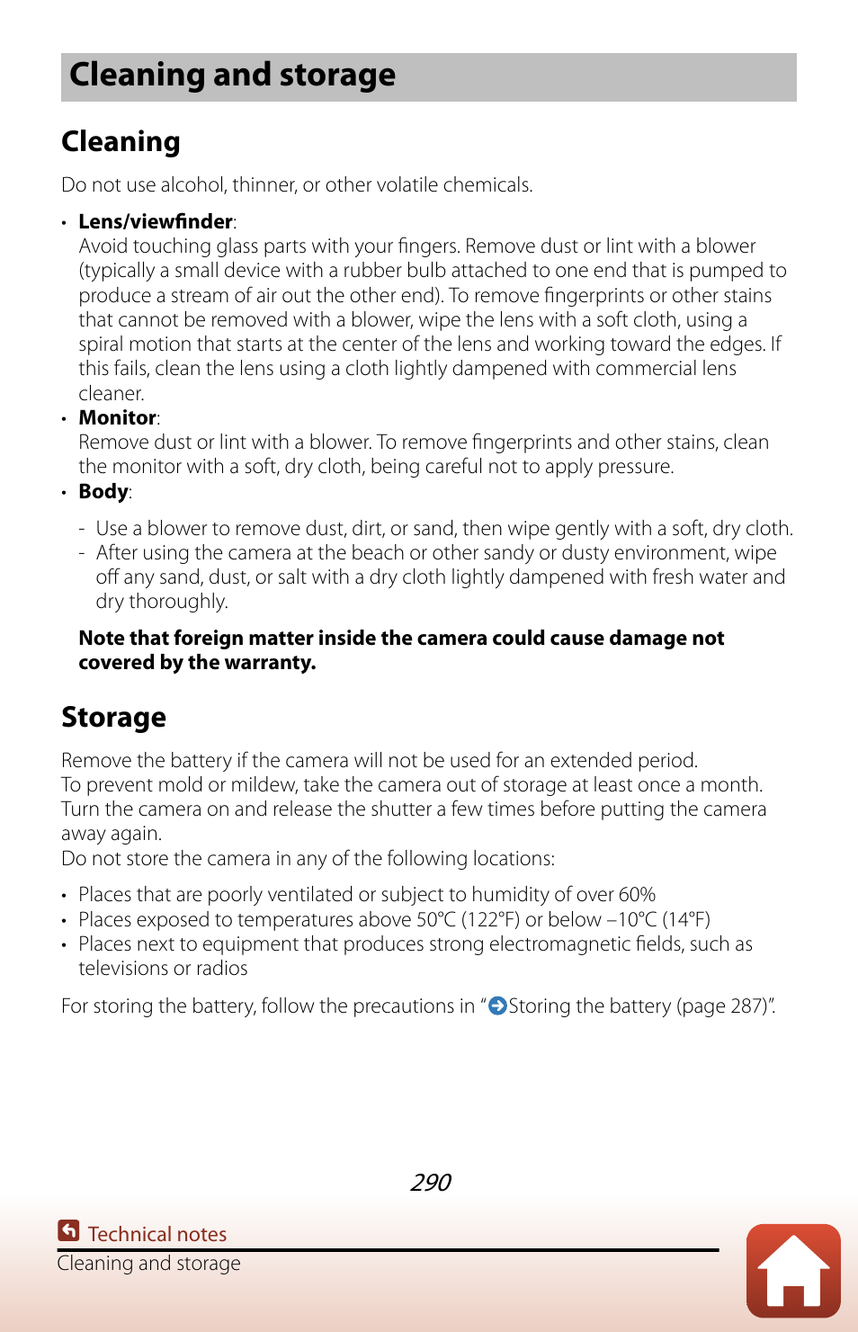 Cleaning and storage, Cleaning, Storage | Nikon COOLPIX P950 Digital Camera User Manual | Page 290 / 306