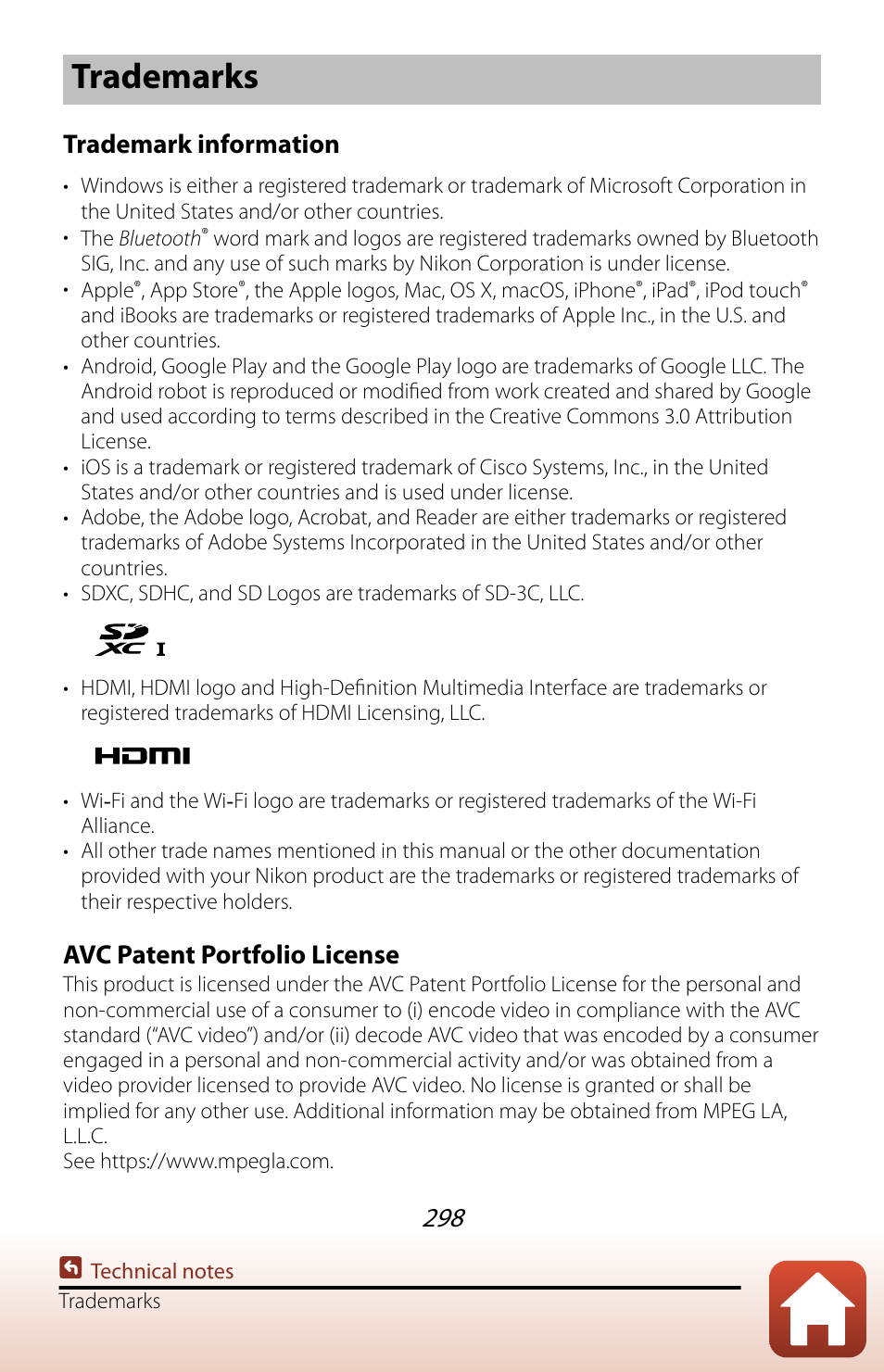 Trademarks, Trademark information, Avc patent portfolio license | Nikon COOLPIX P950 Digital Camera User Manual | Page 298 / 306