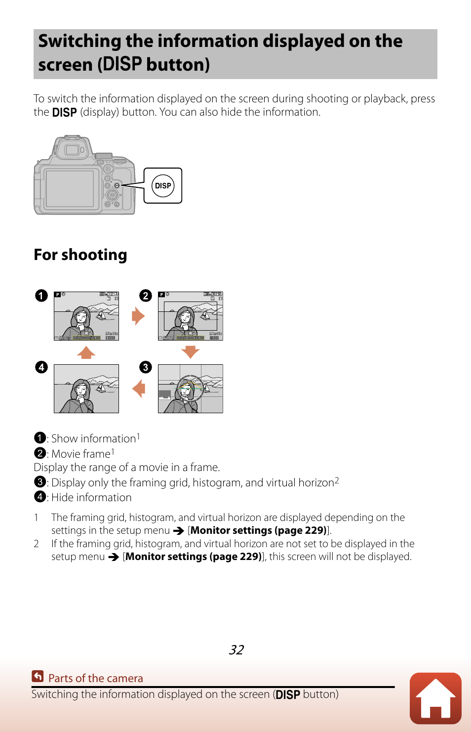 Switching the information displayed on the screen, For shooting | Nikon COOLPIX P950 Digital Camera User Manual | Page 32 / 306