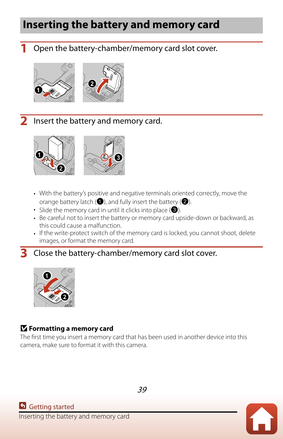 Inserting the battery and memory card | Nikon COOLPIX P950 Digital Camera User Manual | Page 39 / 306
