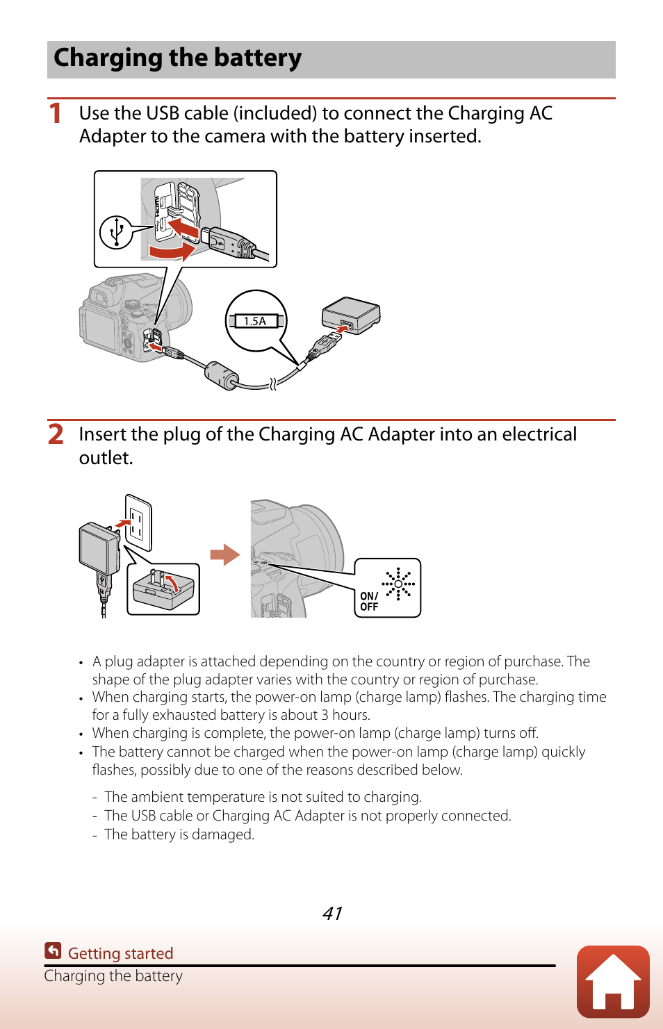 Charging the battery | Nikon COOLPIX P950 Digital Camera User Manual | Page 41 / 306