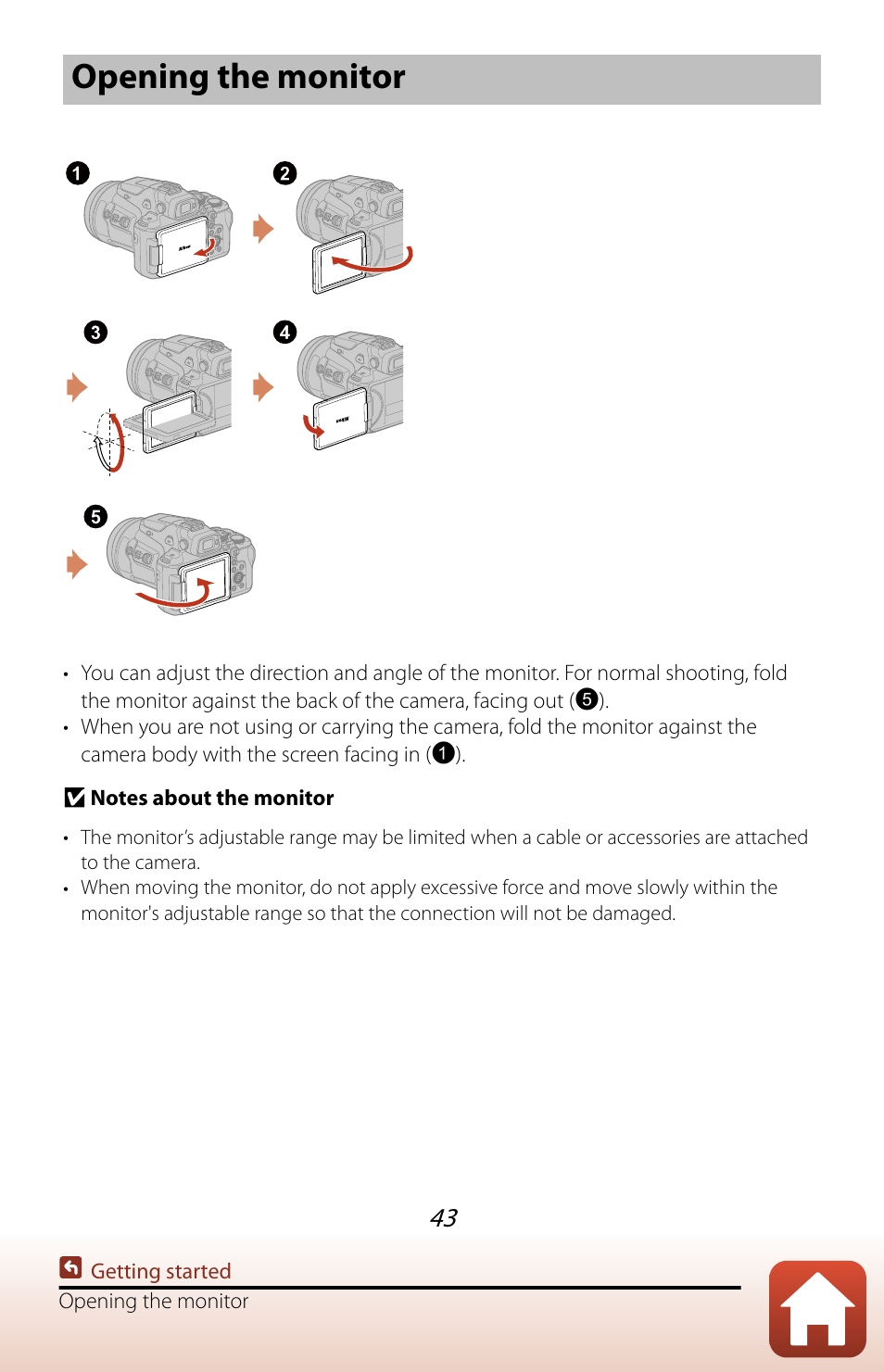 Opening the monitor | Nikon COOLPIX P950 Digital Camera User Manual | Page 43 / 306