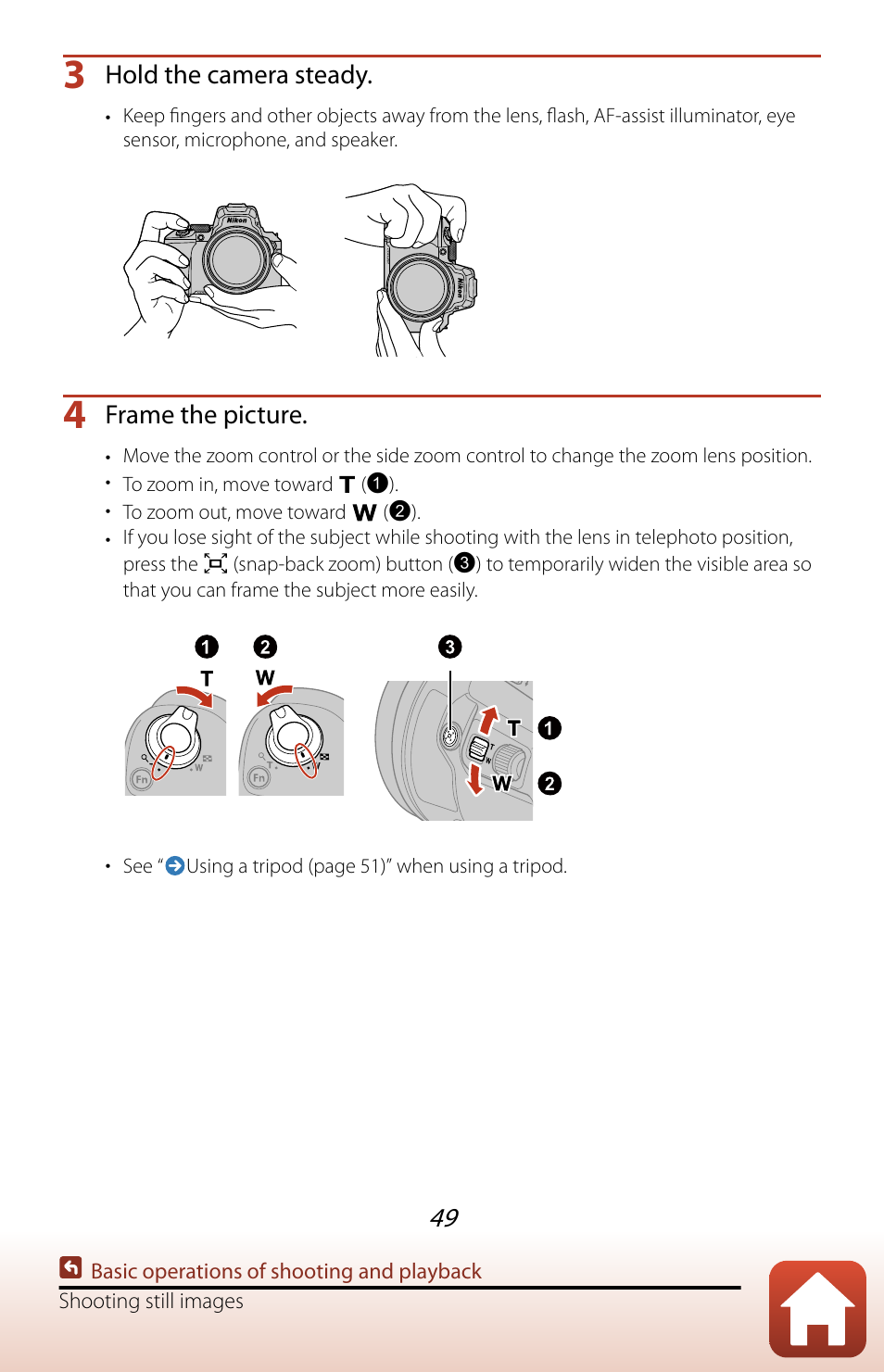 Hold the camera steady, Frame the picture | Nikon COOLPIX P950 Digital Camera User Manual | Page 49 / 306