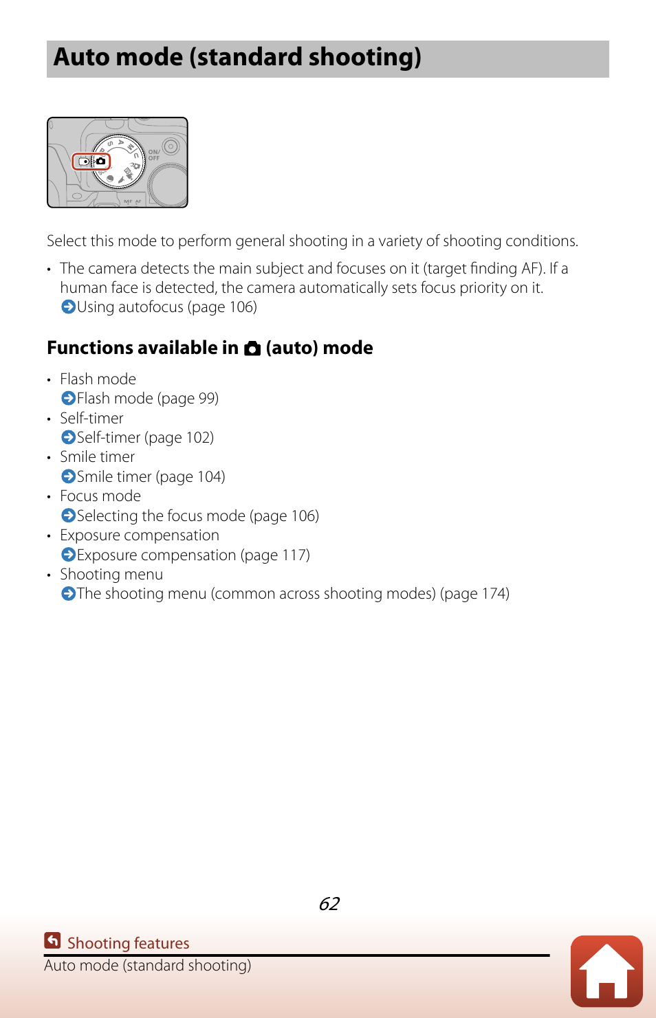 Auto mode (standard shooting), Functions available in (auto) mode | Nikon COOLPIX P950 Digital Camera User Manual | Page 62 / 306