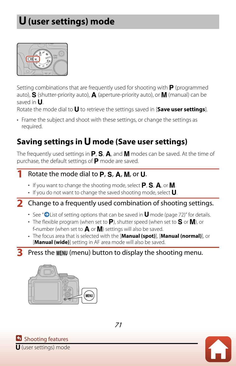 U (user settings) mode, User settings) mode, Saving settings in mode (save user settings) | Nikon COOLPIX P950 Digital Camera User Manual | Page 71 / 306