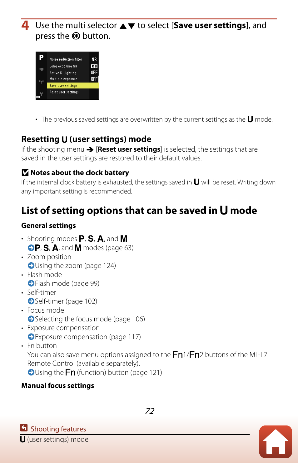 List of setting options that can be saved in mode, Resetting (user settings) mode | Nikon COOLPIX P950 Digital Camera User Manual | Page 72 / 306
