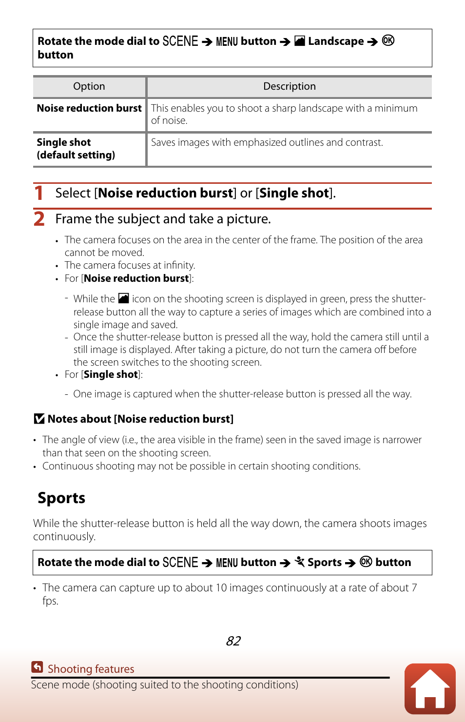 Sports, Select [ noise reduction burst ] or [ single shot, Frame the subject and take a picture | Nikon COOLPIX P950 Digital Camera User Manual | Page 82 / 306