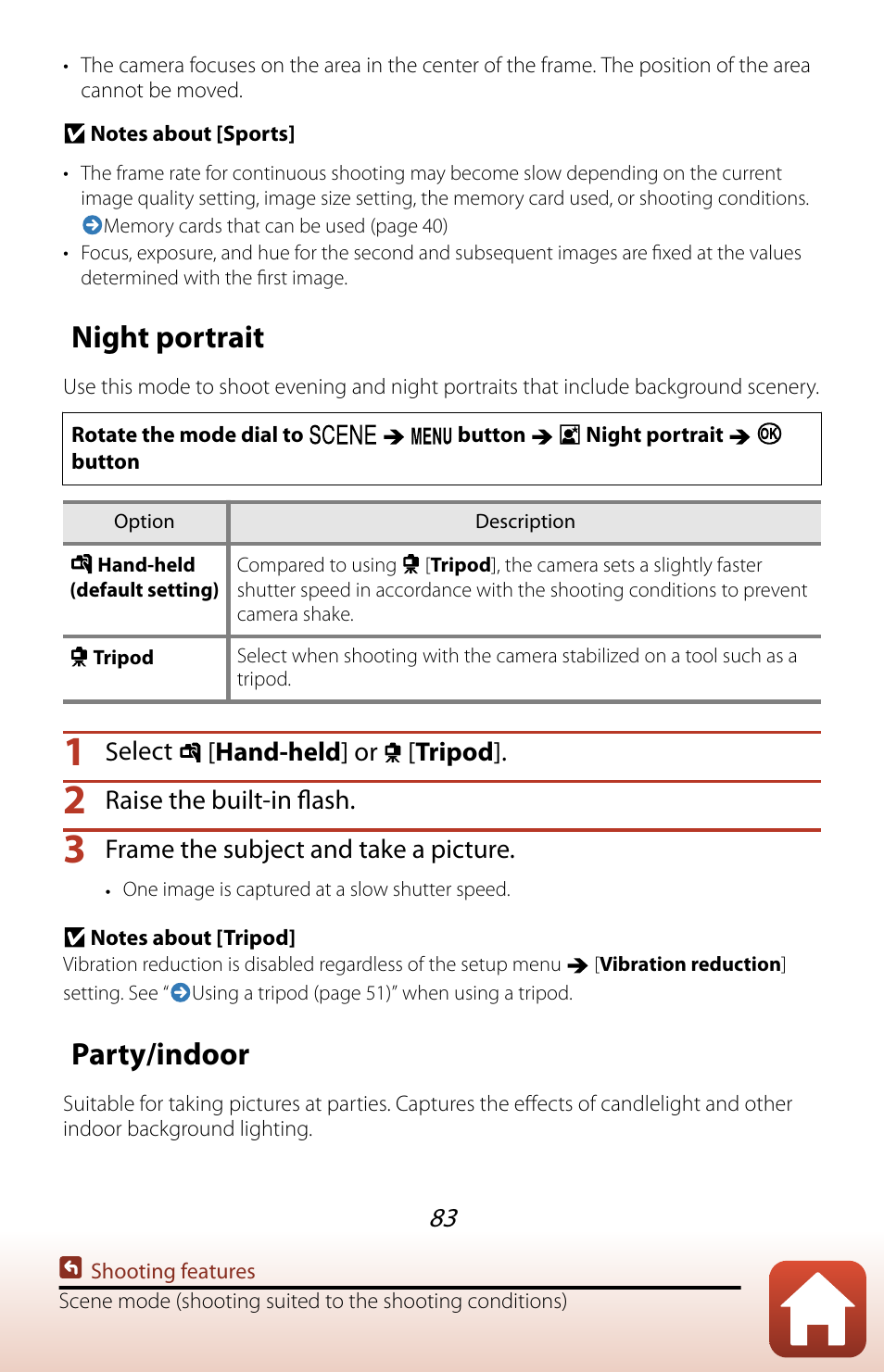 Night portrait, Party/indoor | Nikon COOLPIX P950 Digital Camera User Manual | Page 83 / 306