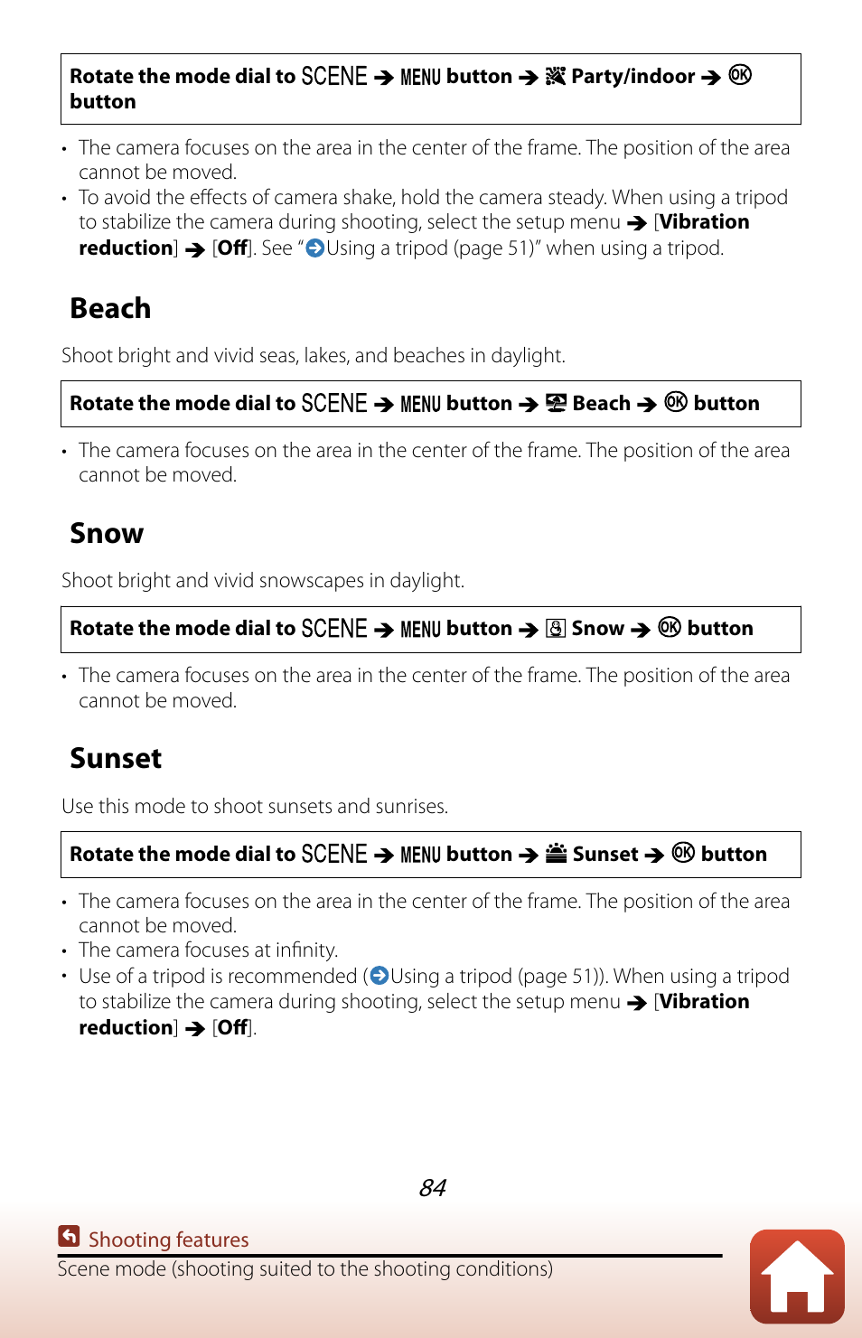 Beach, Snow, Sunset | Nikon COOLPIX P950 Digital Camera User Manual | Page 84 / 306