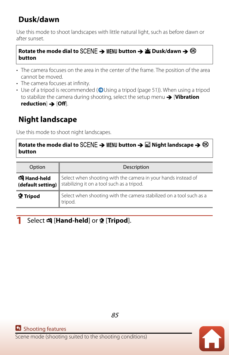Dusk/dawn, Night landscape, Select [ hand-held ] or [ t ripod | Nikon COOLPIX P950 Digital Camera User Manual | Page 85 / 306