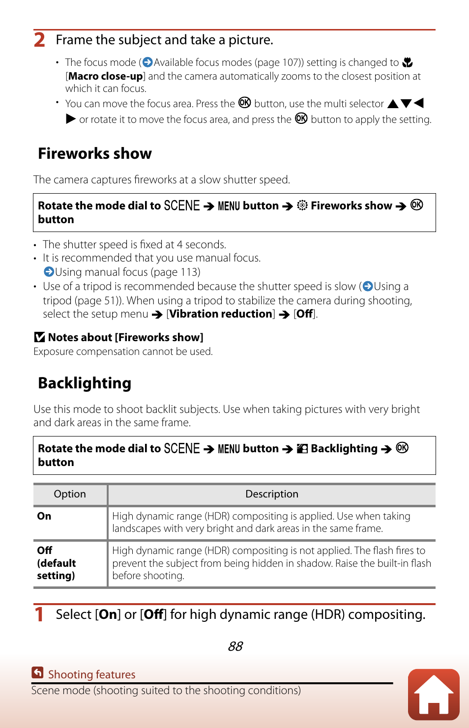 Fireworks show, Backlighting, Frame the subject and take a picture | Nikon COOLPIX P950 Digital Camera User Manual | Page 88 / 306