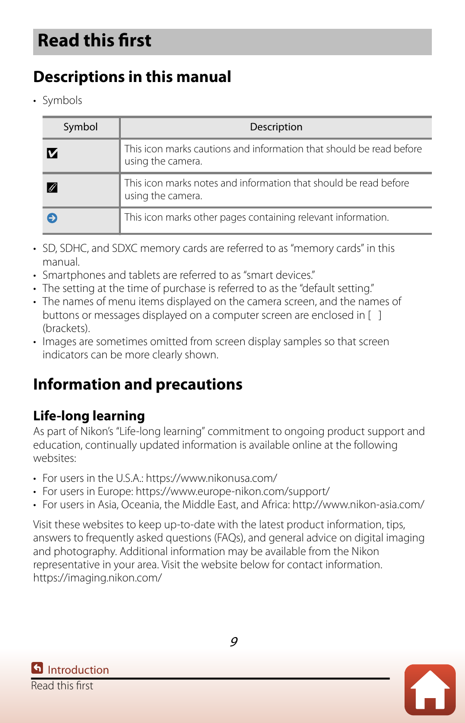 Read this first, Descriptions in this manual, Information and precautions | Life-long learning | Nikon COOLPIX P950 Digital Camera User Manual | Page 9 / 306