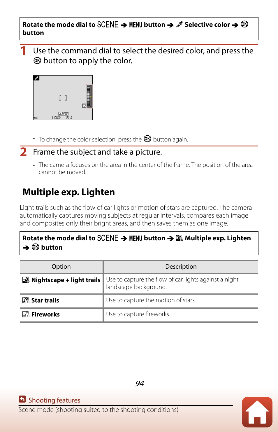 Multiple exp. lighten, Scene mode is set t, Frame the subject and take a picture | Nikon COOLPIX P950 Digital Camera User Manual | Page 94 / 306