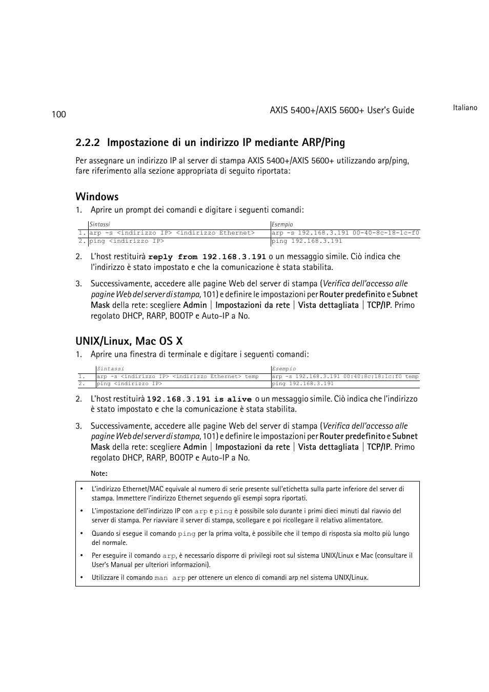 Zione impostazione di un indirizzo ip, Mediante arp/ping, 100, Windows | Unix/linux, mac os x | Dell 5400+ User Manual | Page 100 / 119