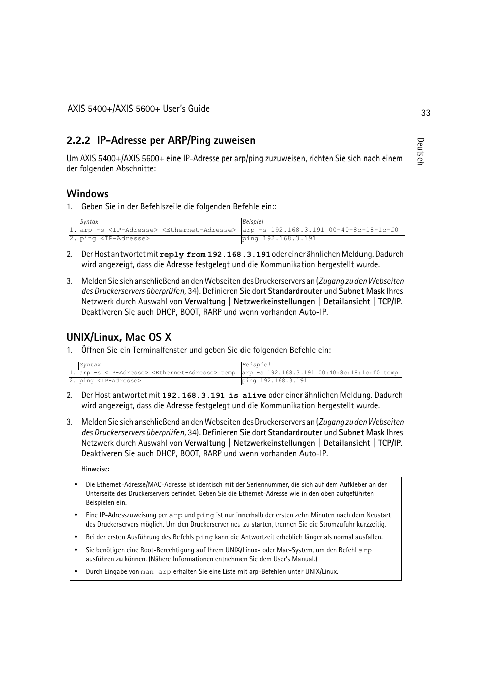 Abschnitt ip-adresse per arp/ping zuweisen, 33, 2 ip-adresse per arp/ping zuweisen, Windows | Unix/linux, mac os x | Dell 5400+ User Manual | Page 33 / 119