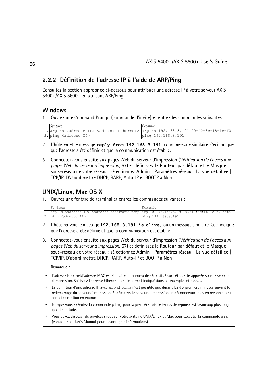 2 définition de l’adresse ip à l’aide de arp/ping, Windows, Unix/linux, mac os x | Dell 5400+ User Manual | Page 56 / 119