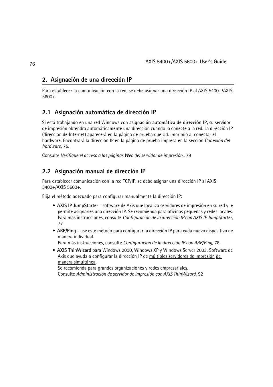 Asignación de una dirección ip, Asignación de una dirección ip, 76, 1 asignación automática de dirección ip | 2 asignación manual de dirección ip | Dell 5400+ User Manual | Page 76 / 119
