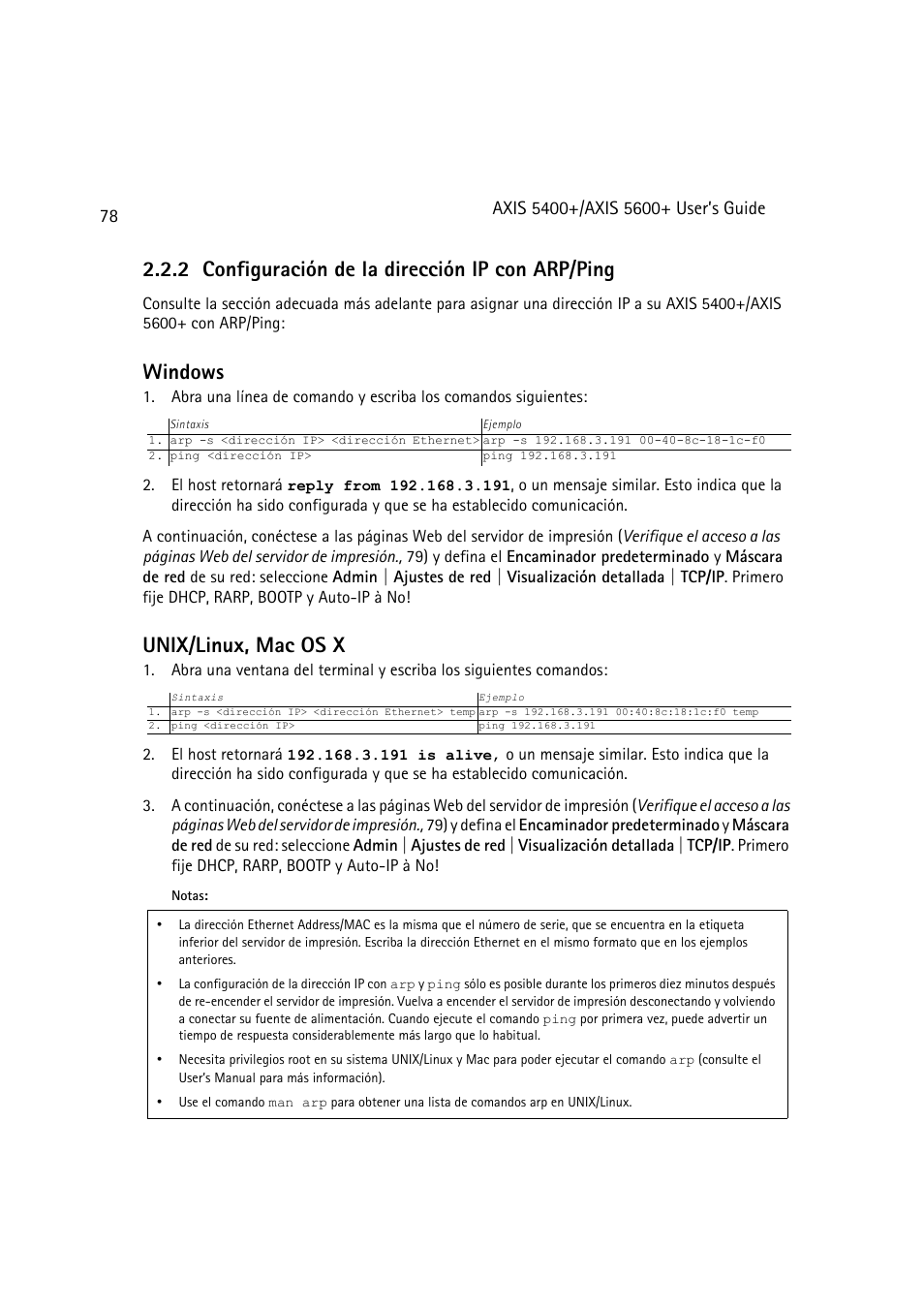 Configuración de la dirección ip con arp/ping, 78, 2 configuración de la dirección ip con arp/ping, Windows | Unix/linux, mac os x | Dell 5400+ User Manual | Page 78 / 119