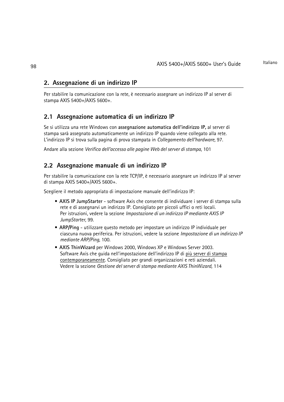 Assegnazione di un indirizzo ip, Assegnazione di un indirizzo ip, 98, 1 assegnazione automatica di un indirizzo ip | 2 assegnazione manuale di un indirizzo ip | Dell 5400+ User Manual | Page 98 / 119
