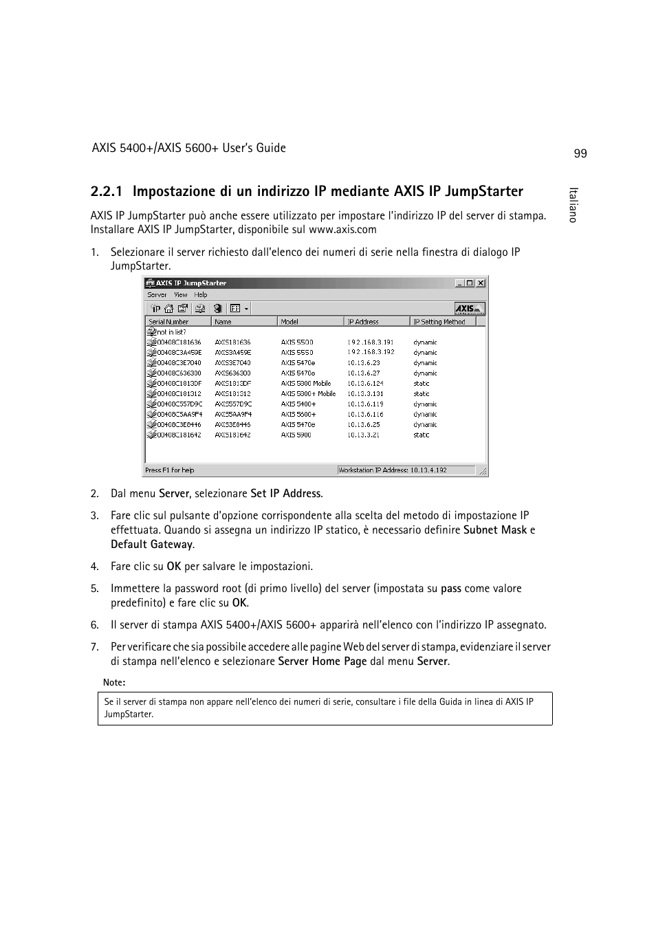 E impostazione di un indirizzo ip mediante axis ip, Jumpstarter, 99 | Dell 5400+ User Manual | Page 99 / 119