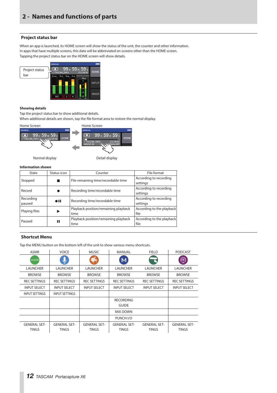 Project status bar, Shortcut menu, Project status bar shortcut menu | 2 - names and functions of parts | Tascam Portacapture X6 32-Bit 6-Channel Multitrack Field Recorder User Manual | Page 12 / 64