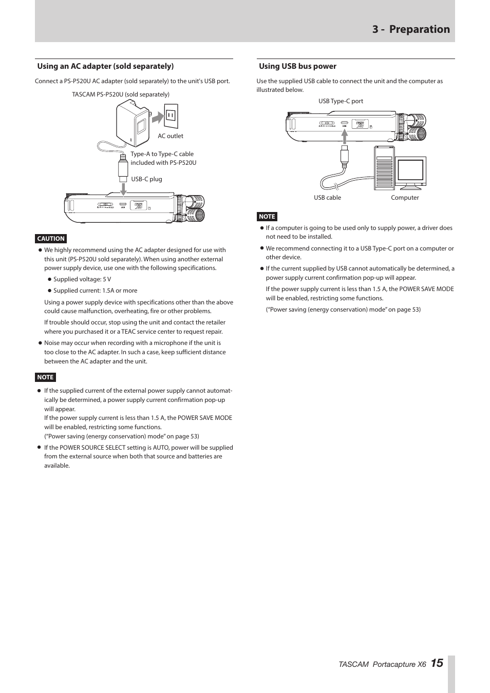 Using an ac adapter (sold separately), Using usb bus power, 15 3 - preparation | Tascam Portacapture X6 32-Bit 6-Channel Multitrack Field Recorder User Manual | Page 15 / 64
