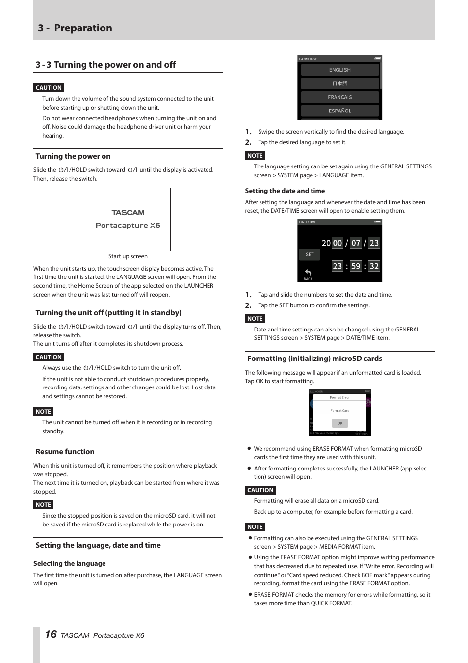 3 - 3 turning the power on and off, Turning the power on, Turning the unit off (putting it in standby) | Resume function, Setting the language, date and time, Formatting (initializing) microsd cards, 3 - preparation | Tascam Portacapture X6 32-Bit 6-Channel Multitrack Field Recorder User Manual | Page 16 / 64