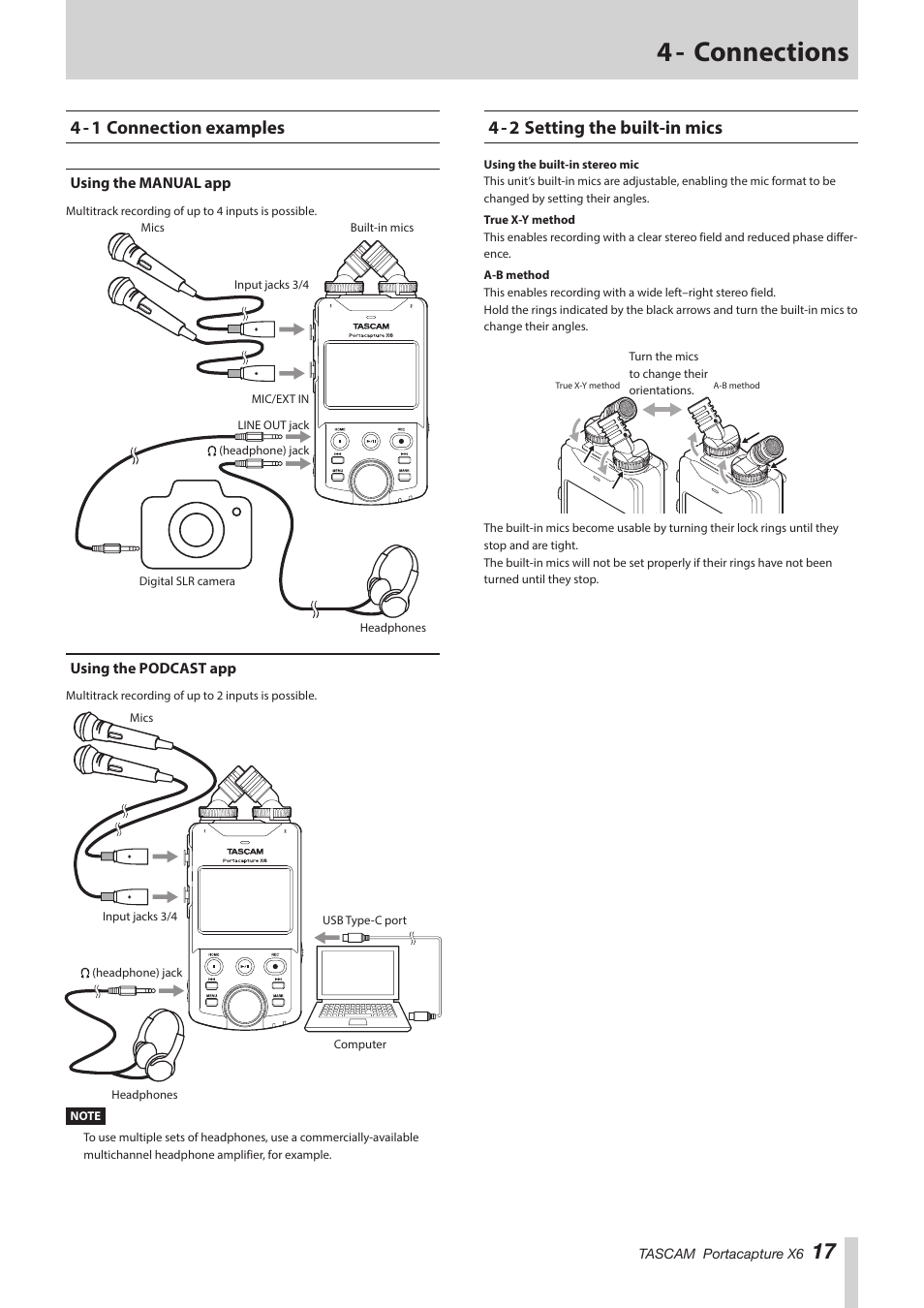 4 - connections, 4 - 1 connection examples, Using the manual app | Using the podcast app, 4 - 2 setting the built-in mics, Using the manual app using the podcast app | Tascam Portacapture X6 32-Bit 6-Channel Multitrack Field Recorder User Manual | Page 17 / 64