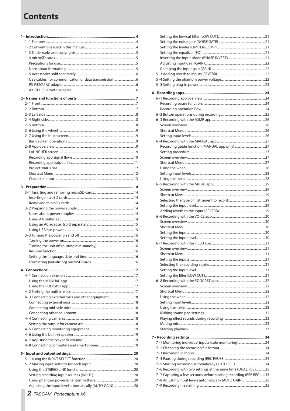 Tascam Portacapture X6 32-Bit 6-Channel Multitrack Field Recorder User Manual | Page 2 / 64