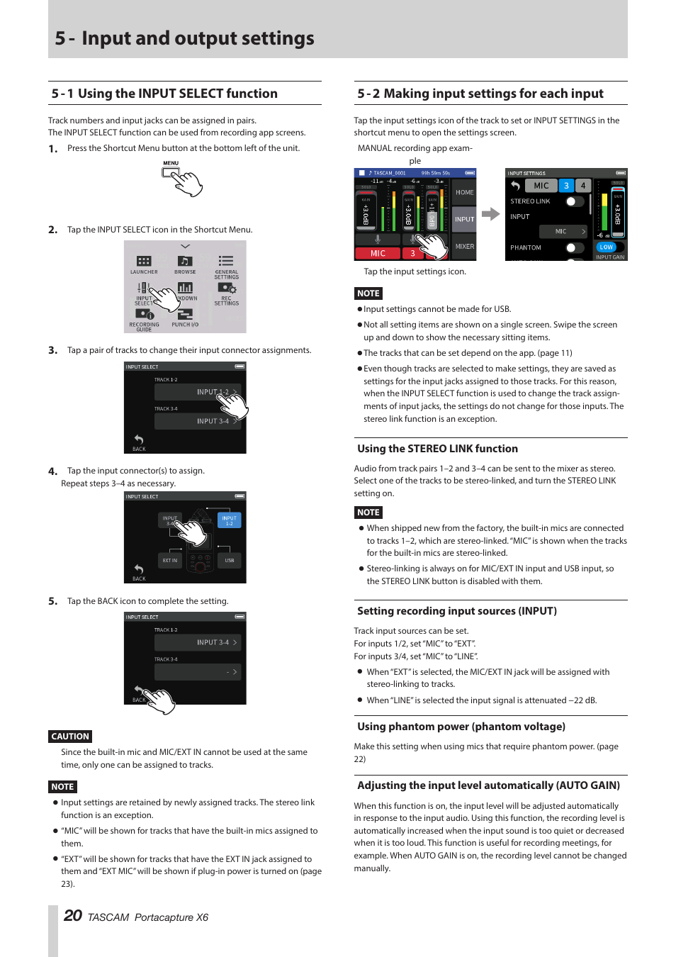 5 - input and output settings, 5 - 1 using the input select function, 5 - 2 making input settings for each input | Using the stereo link function, Setting recording input sources (input), Using phantom power (phantom voltage) | Tascam Portacapture X6 32-Bit 6-Channel Multitrack Field Recorder User Manual | Page 20 / 64