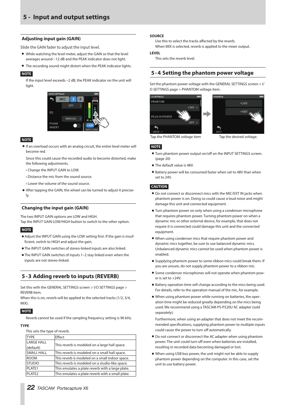 Adjusting input gain (gain), Changing the input gain (gain), 5 - 3 adding reverb to inputs (reverb) | 5 - 4 setting the phantom power voltage, 5 - input and output settings | Tascam Portacapture X6 32-Bit 6-Channel Multitrack Field Recorder User Manual | Page 22 / 64
