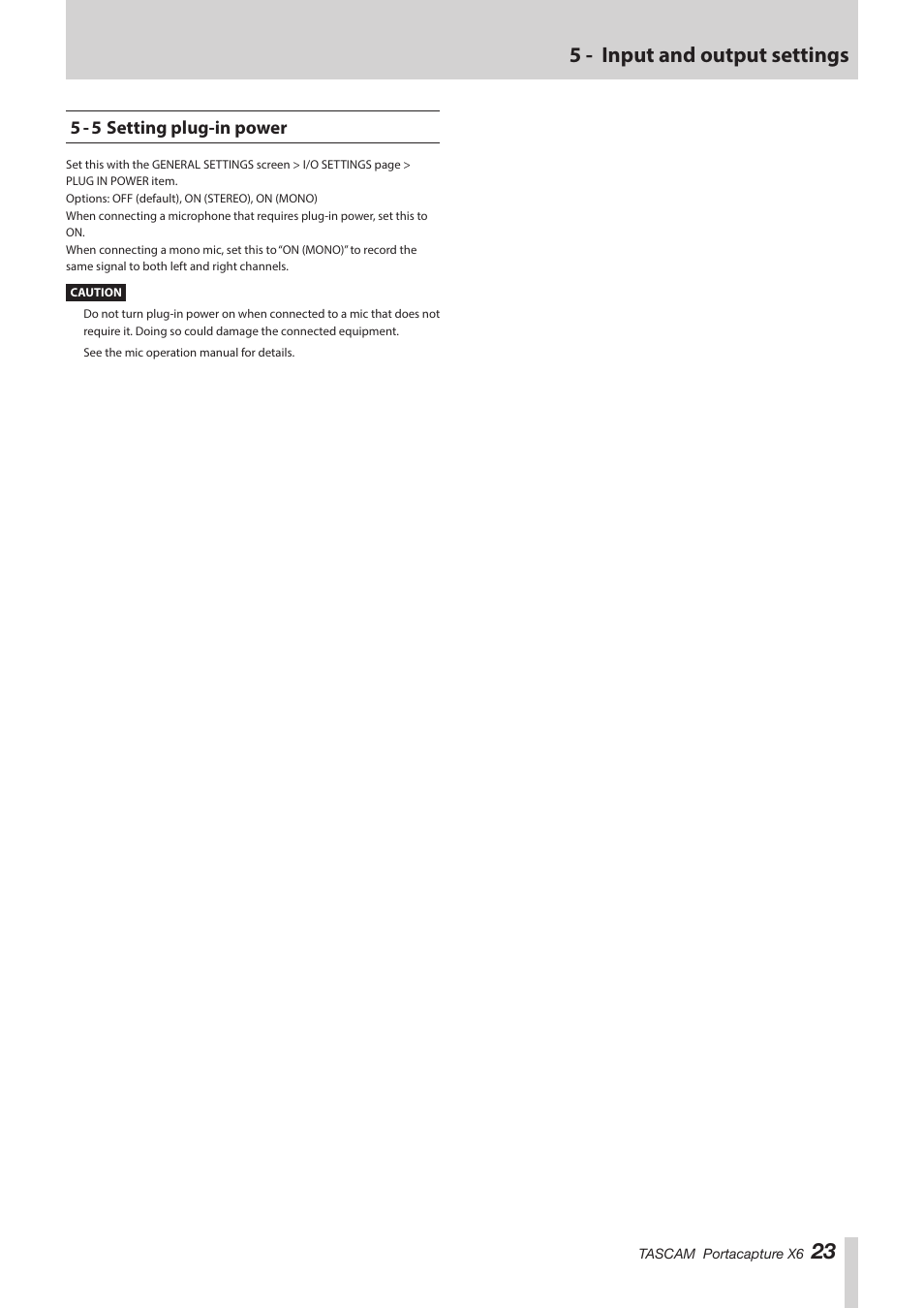 5 - 5 setting plug-in power, 23 5 - input and output settings | Tascam Portacapture X6 32-Bit 6-Channel Multitrack Field Recorder User Manual | Page 23 / 64