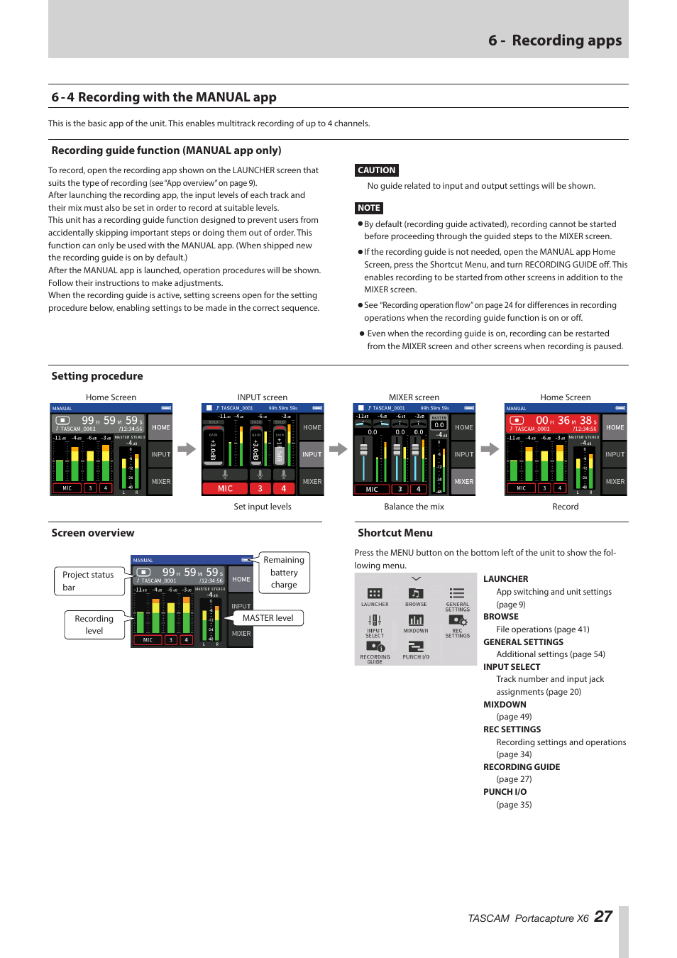 6 - 4 recording with the manual app, Recording guide function (manual app only), Setting procedure | Screen overview, Shortcut menu, 27 6 - recording apps | Tascam Portacapture X6 32-Bit 6-Channel Multitrack Field Recorder User Manual | Page 27 / 64