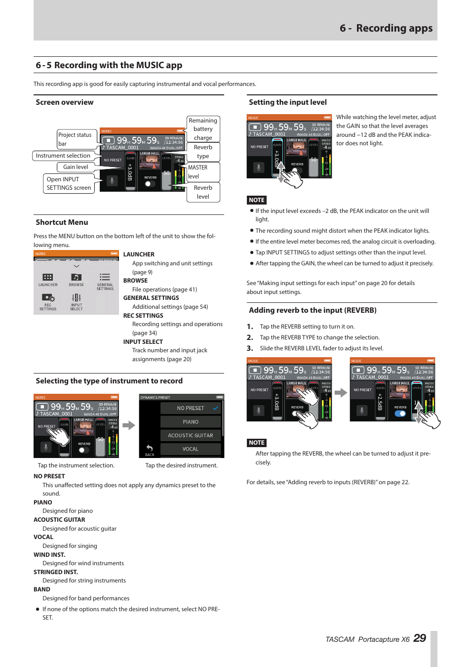 6 - 5 recording with the music app, Screen overview, Shortcut menu | Selecting the type of instrument to record, Setting the input level, Adding reverb to the input (reverb), 29 6 - recording apps | Tascam Portacapture X6 32-Bit 6-Channel Multitrack Field Recorder User Manual | Page 29 / 64