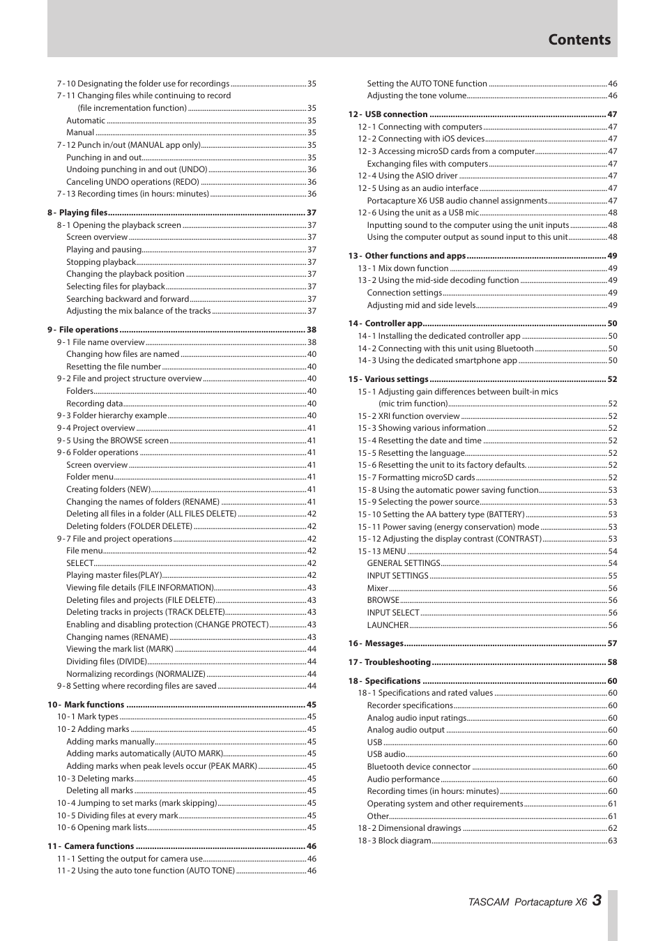 3contents | Tascam Portacapture X6 32-Bit 6-Channel Multitrack Field Recorder User Manual | Page 3 / 64