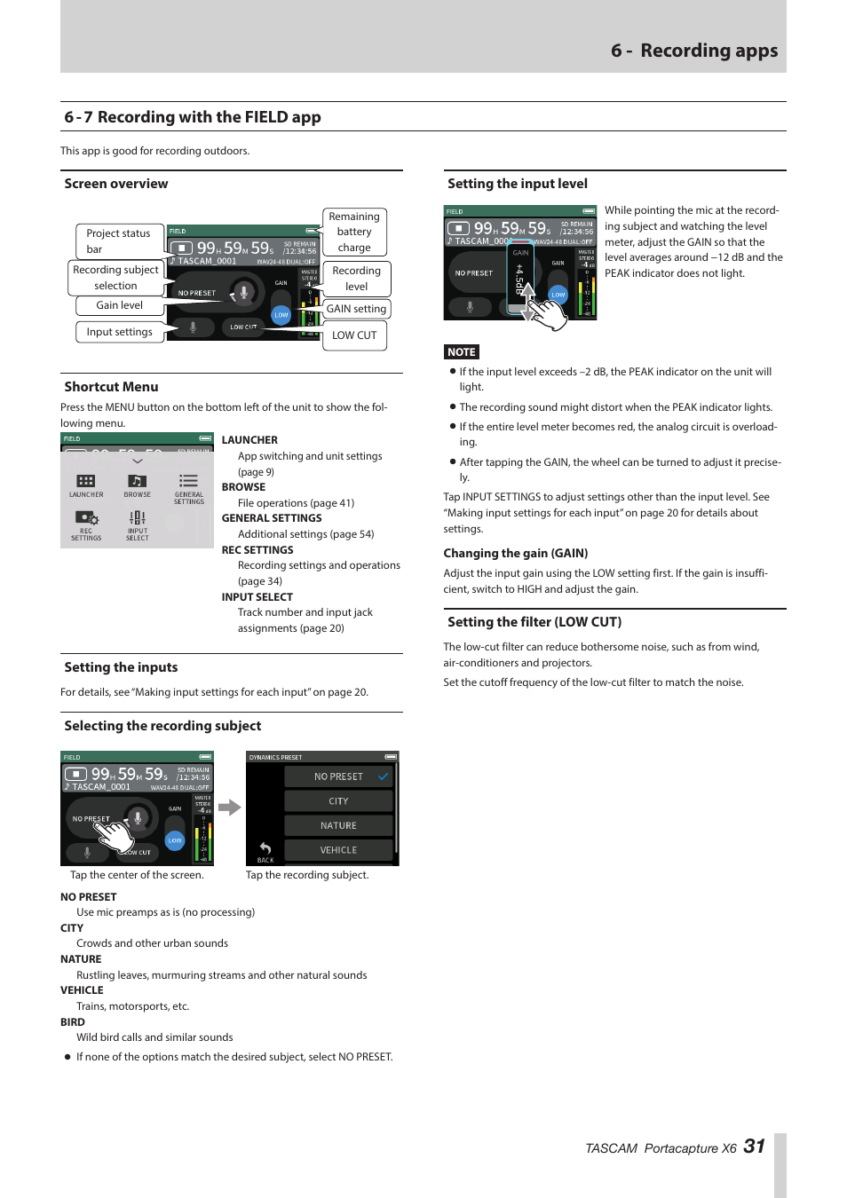 6 - 7 recording with the field app, Screen overview, Shortcut menu | Setting the inputs, Selecting the recording subject, Setting the input level, Setting the filter (low cut), 31 6 - recording apps | Tascam Portacapture X6 32-Bit 6-Channel Multitrack Field Recorder User Manual | Page 31 / 64