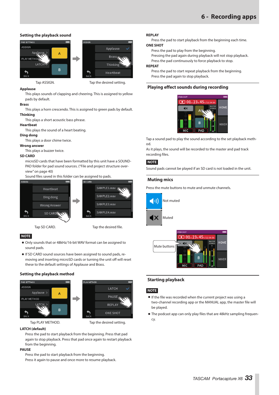 Playing effect sounds during recording, Muting mics, Starting playback | 33 6 - recording apps | Tascam Portacapture X6 32-Bit 6-Channel Multitrack Field Recorder User Manual | Page 33 / 64