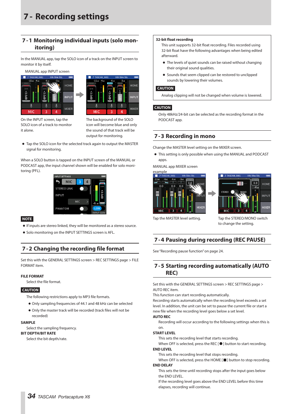 7 - recording settings, 7 - 2 changing the recording file format, 7 - 3 recording in mono | 7 - 4 pausing during recording (rec pause), 7 - 5 starting recording automatically (auto rec) | Tascam Portacapture X6 32-Bit 6-Channel Multitrack Field Recorder User Manual | Page 34 / 64