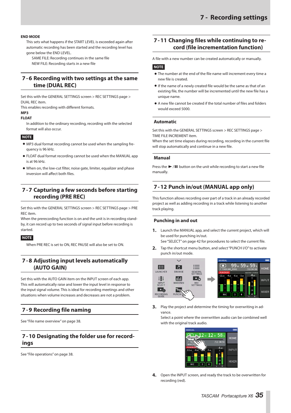 7 - 9 recording file naming, 7 - 10 designating the folder use for recordings, Automatic | Manual, 7 - 12 punch in/out (manual app only), Punching in and out, File incrementation function), Automatic manual, 35 7 - recording settings, 7 - 10 designating the folder use for record- ings | Tascam Portacapture X6 32-Bit 6-Channel Multitrack Field Recorder User Manual | Page 35 / 64