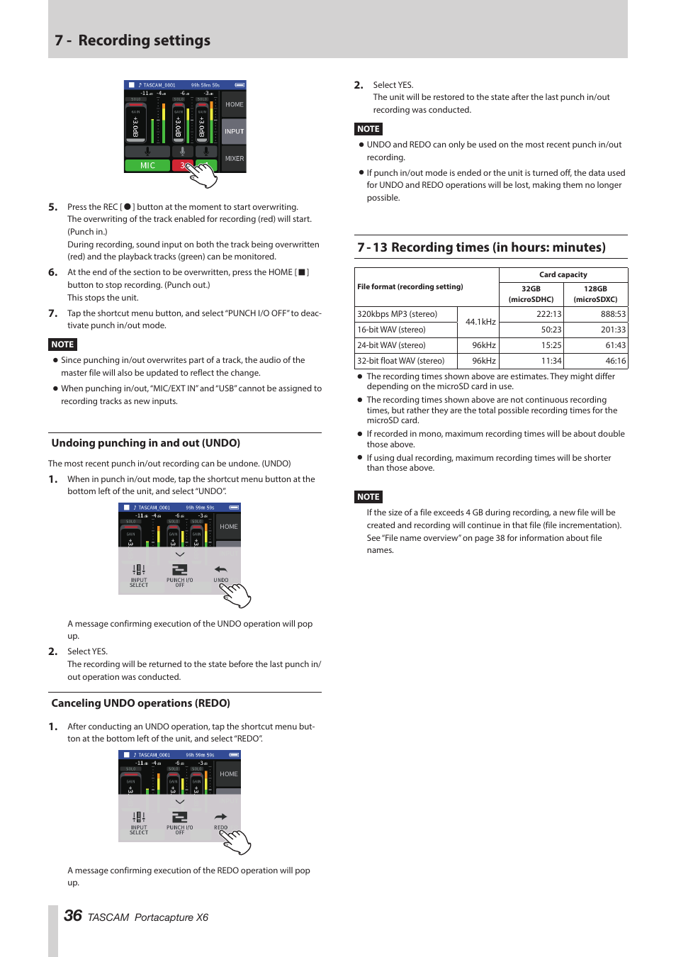 Undoing punching in and out (undo), Canceling undo operations (redo), 7 - 13 recording times (in hours: minutes) | 7 - recording settings | Tascam Portacapture X6 32-Bit 6-Channel Multitrack Field Recorder User Manual | Page 36 / 64